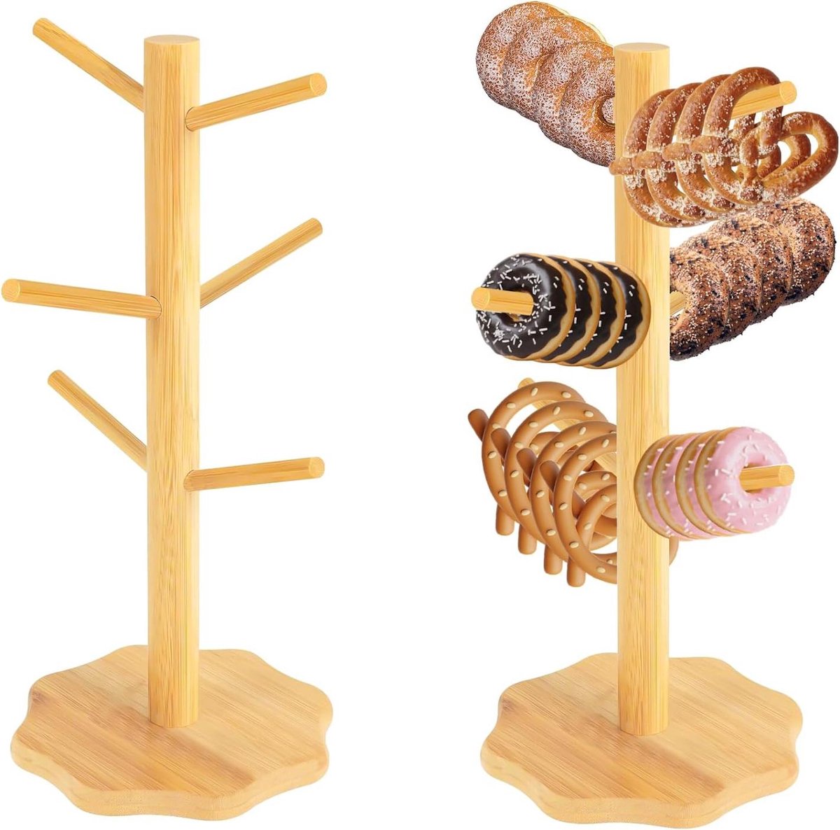 longziming - Set van 2 Houten Pretzelhouders - 16 x 36 cm - 6-armige Pretzelstandaard - Multifunctionele Houten Houder voor Pretzels, Worstjes en Kopjes - Voor Feestjes en Keuken