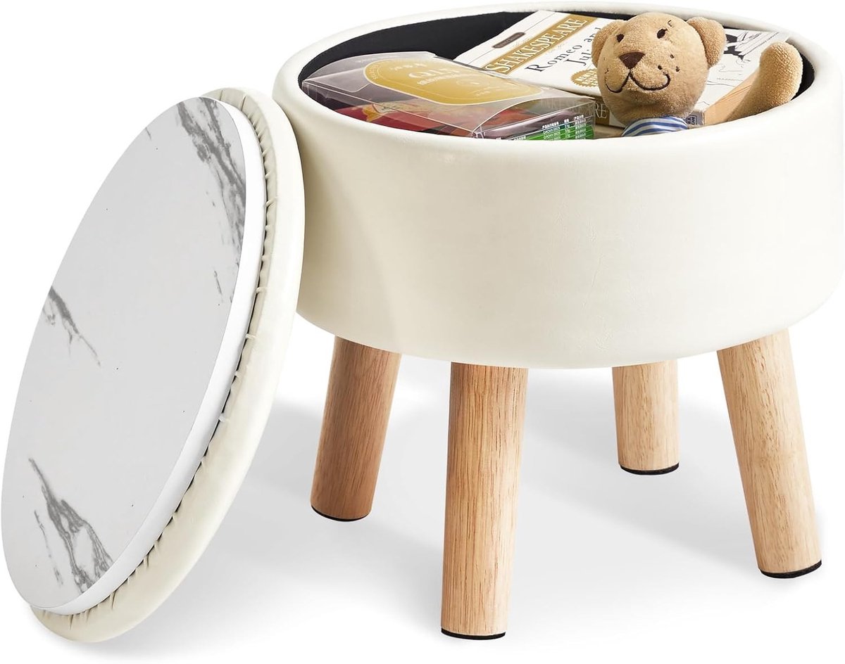 Ronde Poef met Opbergruimte in Beige, Ideaal als Voetensteun en Zitmeubel voor Thuis of Kantoor
