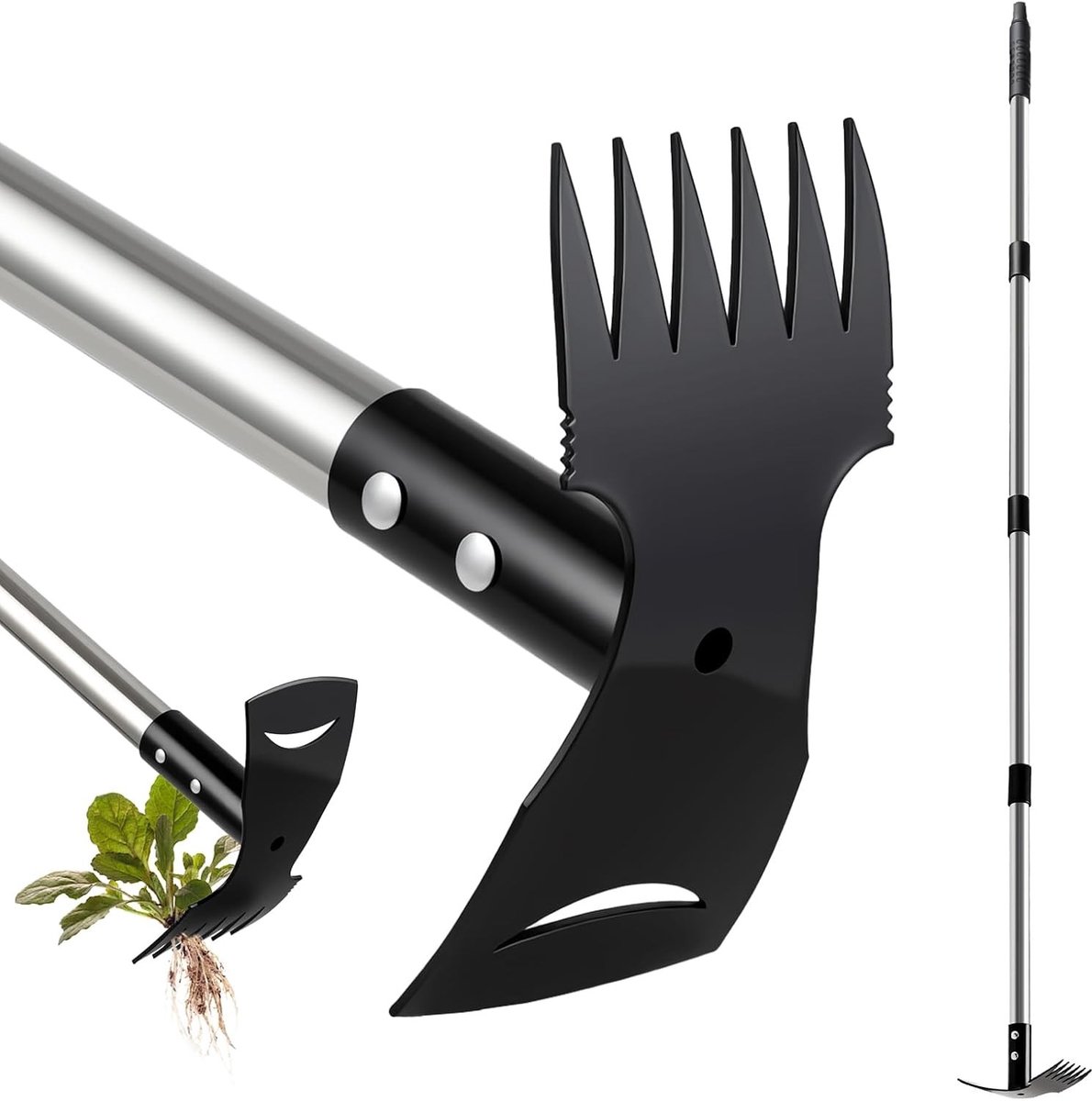 Handmatige Onkruidverwijderaar met Lange Handgreep van 148 cm, 2-in-1 Tuin Gereedschap voor Efficiënte Onkruidbestrijding, Onkruid Hark en Tuinhark Combinatie voor Tuin, Terras en Gazon