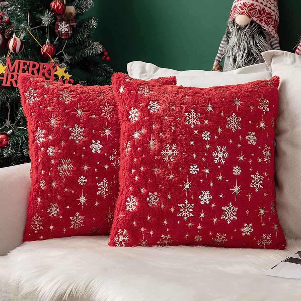 Kussenhoezen voor Kerstmis van Faux Fur met Zachte Polyester en Sneeuwvlokpatroon - Moderne Decoratie voor Woonkamer en Kantoor - Set van 2, 40 x 40 cm, Rood