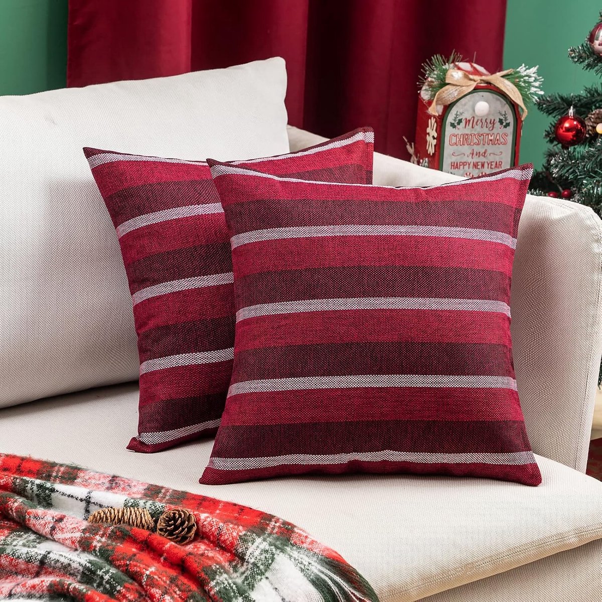 Set van 2 Decoratieve Kussenhoezen Vierkant Gestreept Linnen Comfortabel voor Woonkamer, Kantoor en Slaapkamer - 50x50cm Rood