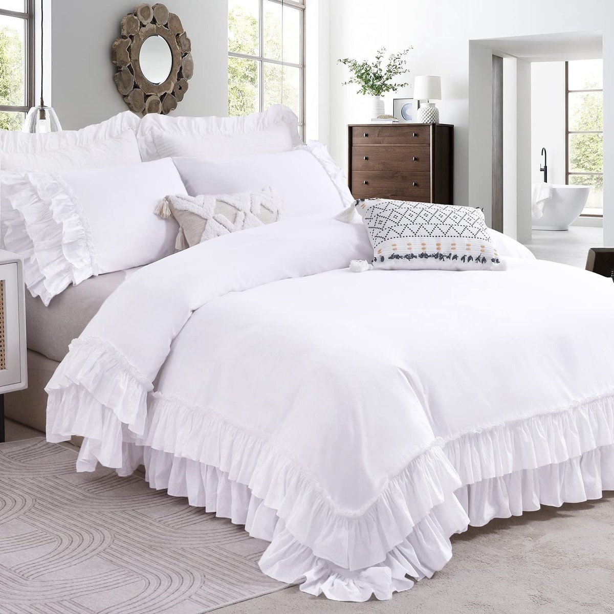 Ruffles White Duvet Cover Queen Size -100% Washed Cotton Shabby Farm Ruffles Bedding Duvet Cover 3 Piece Aesthetic French Country Queen Duvet Cove
