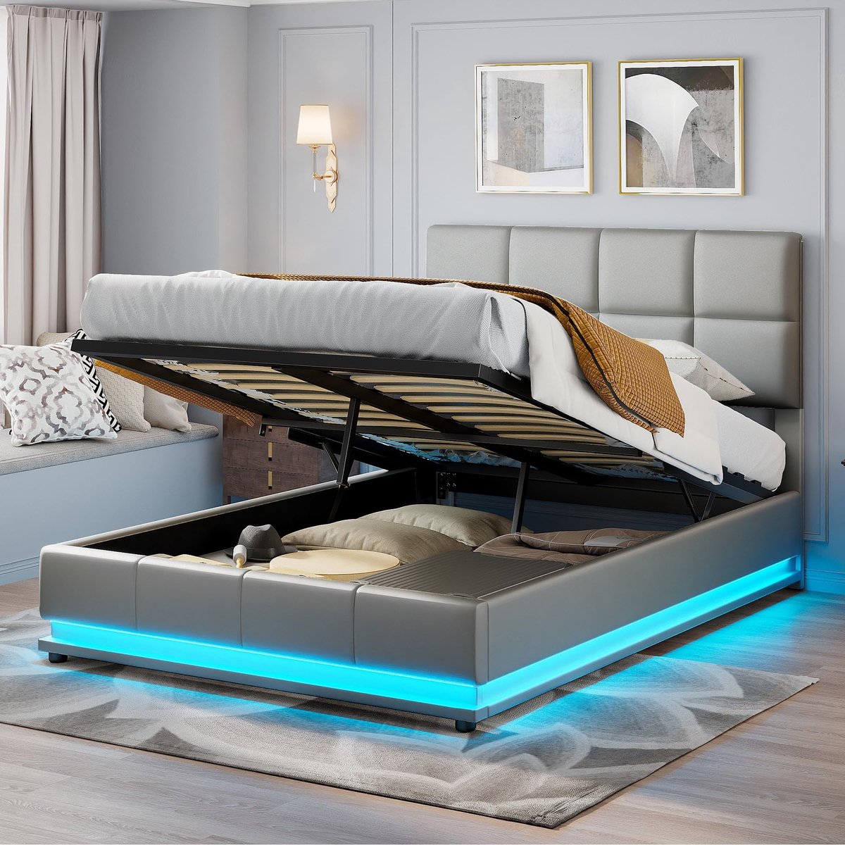 Bed met hydraulische opbergruimte - 140 x 200 cm - Grijs
