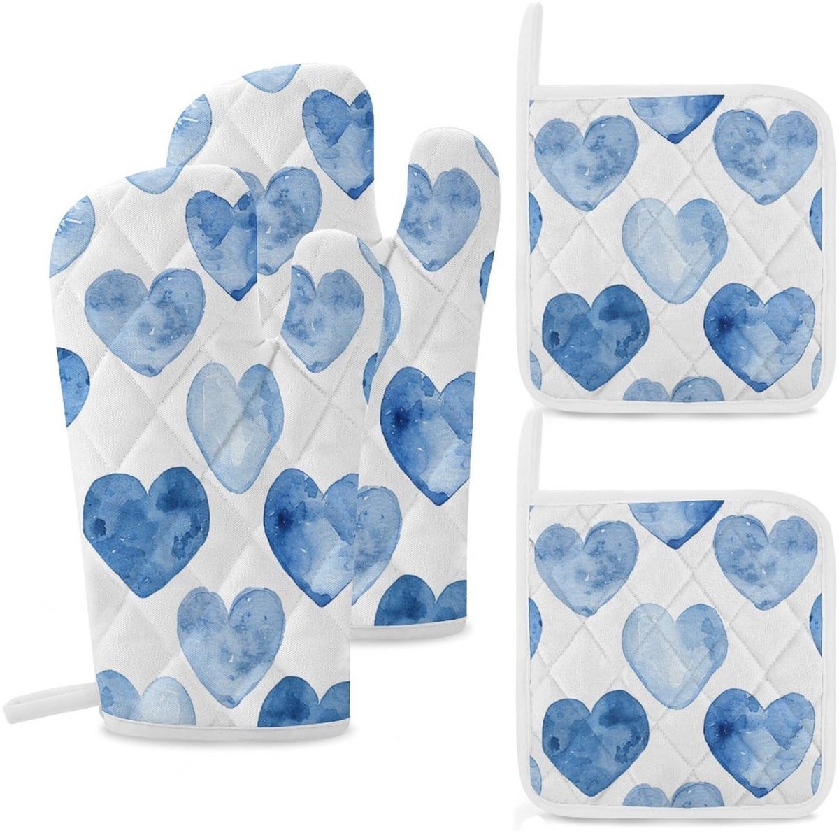 Set van 4 Hittebestendige Ovenwanten en Pannenlappen - Handgetekend Blauw Hart