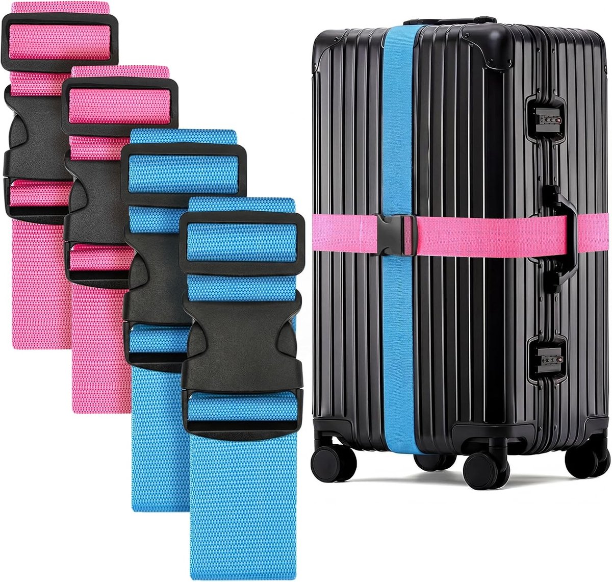 Verstelbare Kofferbanden Set van 4, 130-250 cm, Roze en Lichtblauw, Ideaal voor Reis en Vakantie