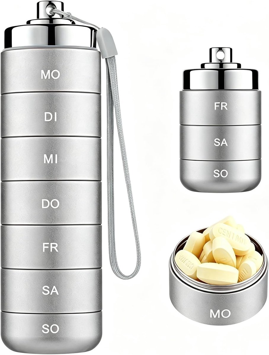 Draagbare pillendoos voor 7 dagen, waterdichte dagpillenorganizer, grote vakken voor vitamines en medicijnen, stapelbaar en ideaal voor onderweg (grijs)