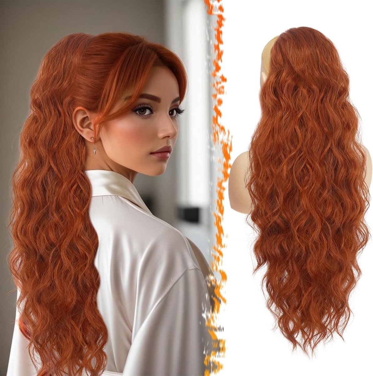 26 Inch Ponytail Hair Extension voor Vrouwen, Lange Krullen en Golven, Synthetische Clip-in Haarstuk in Koperrood