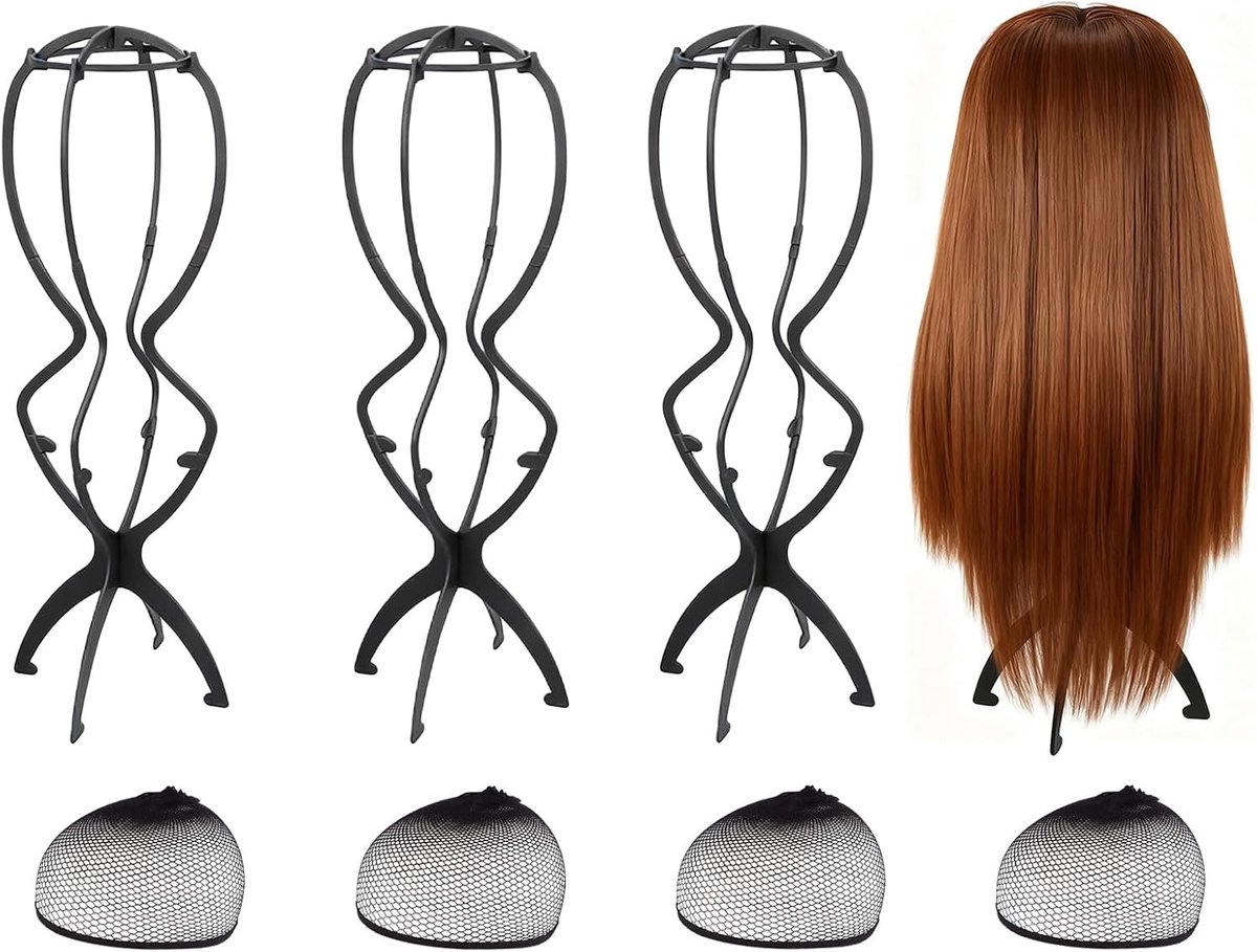 Set van 4 opvouwbare 50cm wigstands met net, verstelbare houder voor het tonen en drogen van pruiken