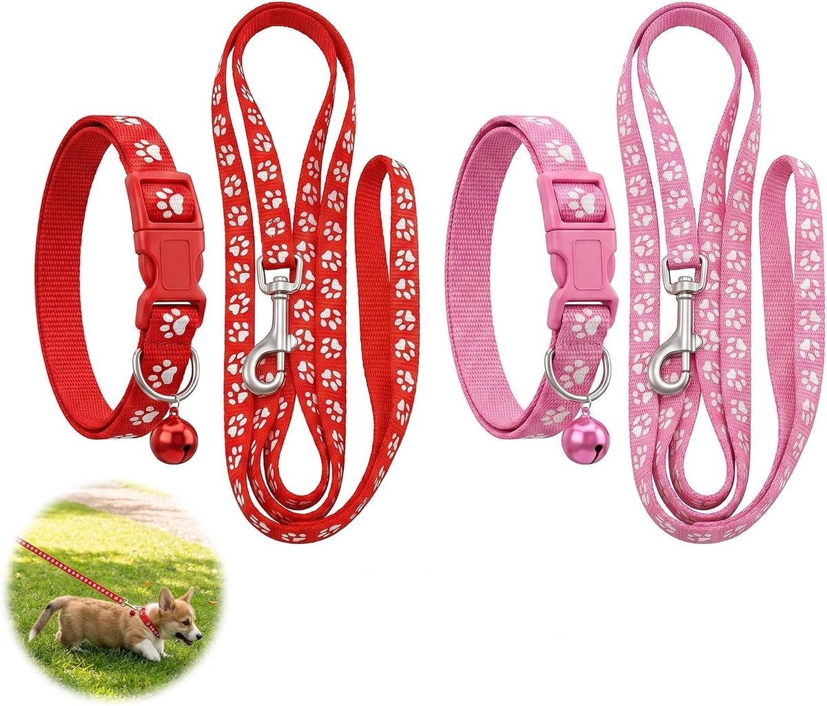 Set van 2 Verstelbare Hondenhalsbanden met Leash voor Kleine Honden, Comfortabele Nylon Halsbanden en Veiligheidsclip, Perfect voor Puppy Accessoires
