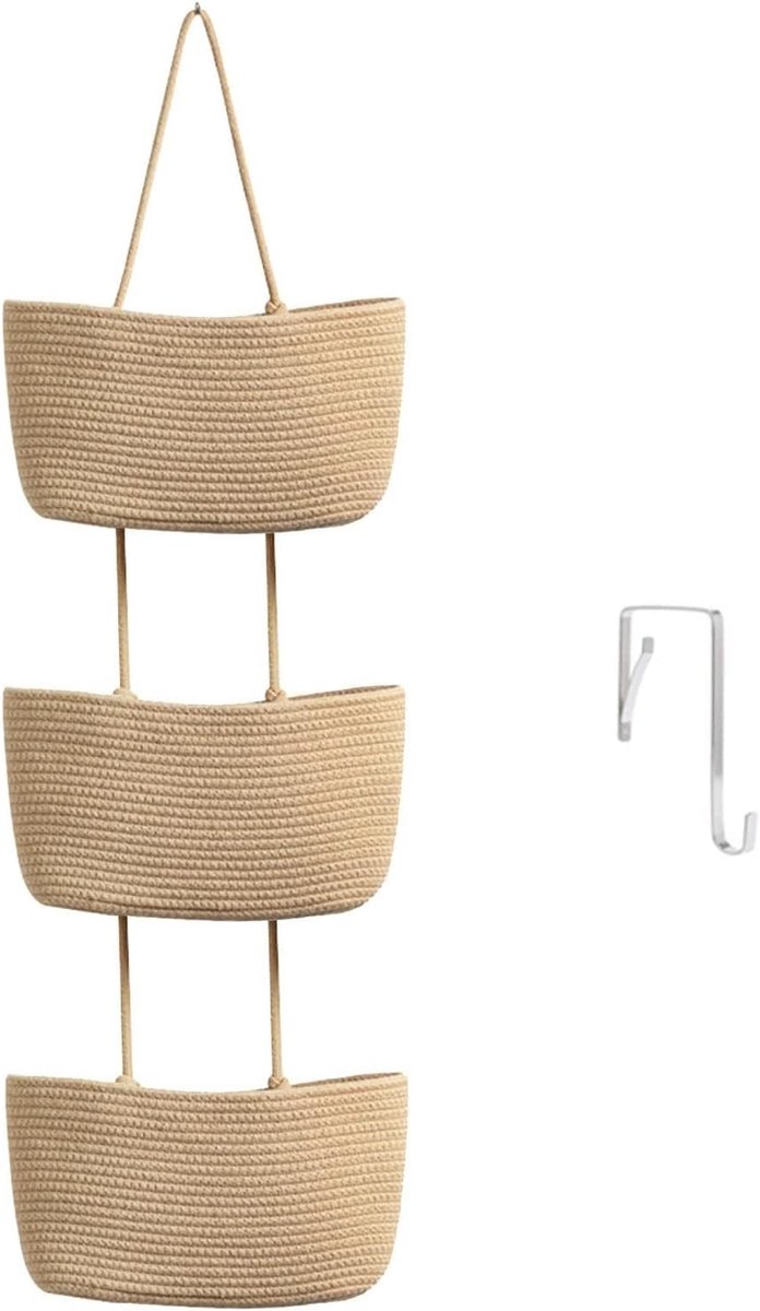 Hanging Basket voor Boven de Deur, 3 Laags Geweven Katoenen Wandopbergzak, Decoratieve Keukenmanden - Khaki, Ruimtebesparend en Stijlvol