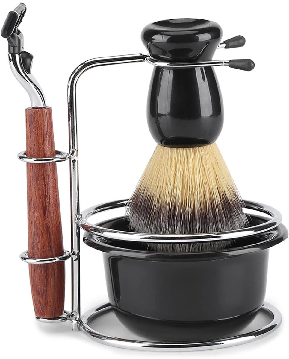 Complete Scheerset met 4-in-1 Scheerkommen, Borstel met Stand en Schaal voor Handmatig Nat Scheren voor Mannen