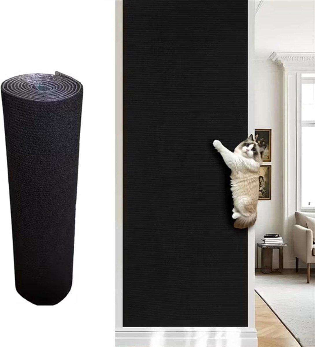 Zelfklevende krabmat voor katten — Kattenkrabmat - Meubelbescherming voor banken en muren — Doe-het-zelf krabmat — Viltmateriaal — Zwart — 200 x 40 cm