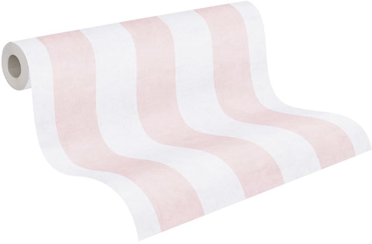 Non-woven Behang - Effen met streepdesign, 10.05 m x 0.53 m, crème, roze