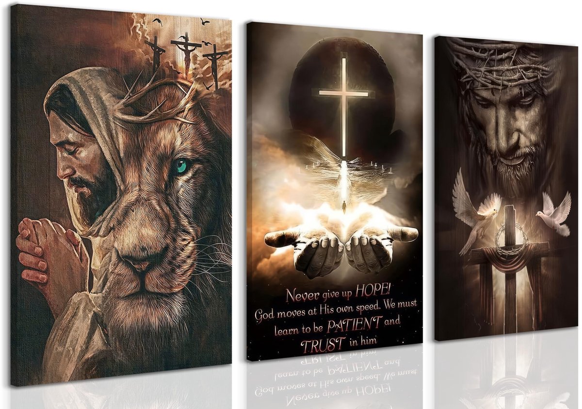 Jezus Wanddecoratie - Canvas Prints Set van 3 met Kruis en Leeuw