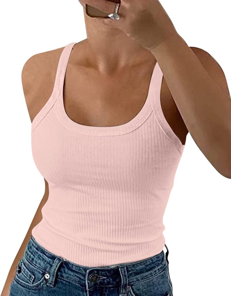 Ribbel tanktop met spaghetti bandjes - Roze