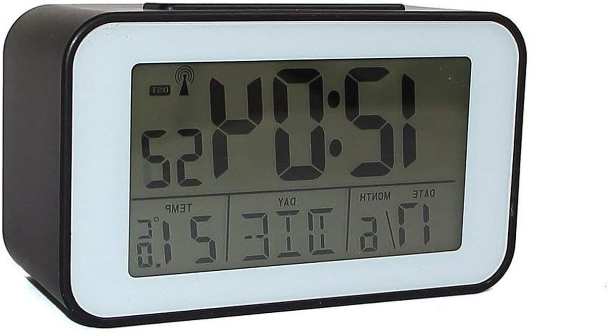 Radio Wekker - Tafelklok Thermometer - Tijd Bijhouden - Automatische Tijdzone - 12 x 7 cm - Zwart