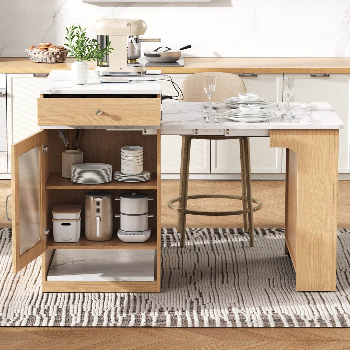 DESMIU Eettafel - Uitschuifbare Keukeneilandtafel Met Opbergruimte En Stopcontact - Voor Keuken En Eetkamer - MDF En Glas - 80x151x92 Cm - Naturel