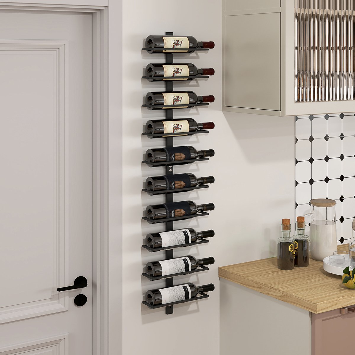 MEUNIQ Wijnrek voor 10 flessen wandmontage 27 x 10 x 116 cm staal horizontale flessenhouder voor keuken eetkamer of woonkamer zwart