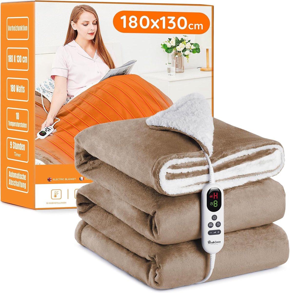 Thijox - Elektrische Decken 130x180 cm met Automatische Uitschakeling, 10 Warmtestanden, Oververhittingsbeveiliging, Wasbare Flanellen Warmtedeken in