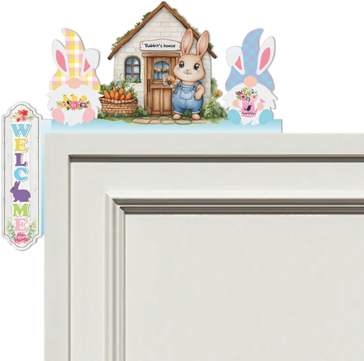 Dailygoods- Paasdecoratie Houten Deurkozijn - Decoratie met Paashaas - Grappige Decoratie - Veelkleurig - Inclusief Ronde Stickers - Afmetingen 20 x 17,8 x 0,5 cm - Dekoratie