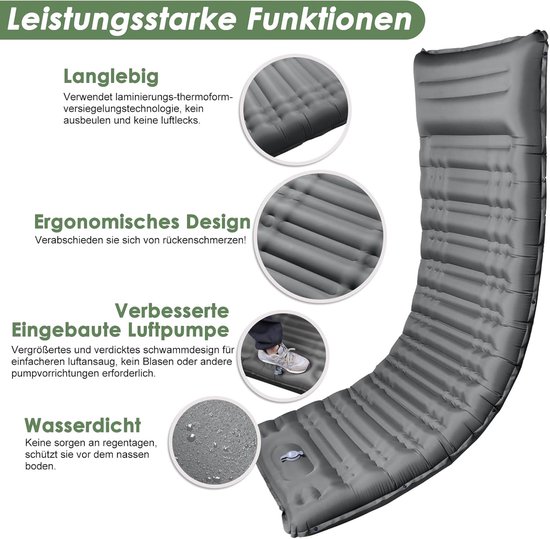 Thijox - Zelfopblazend Luchtmatras 12 cm Hoog met Voetperspomp - Compacte en Lichte Slaapmat met Kussen voor Camping, Wandelen, Reizen en Strand - Gri van Thijox — afbeelding 4