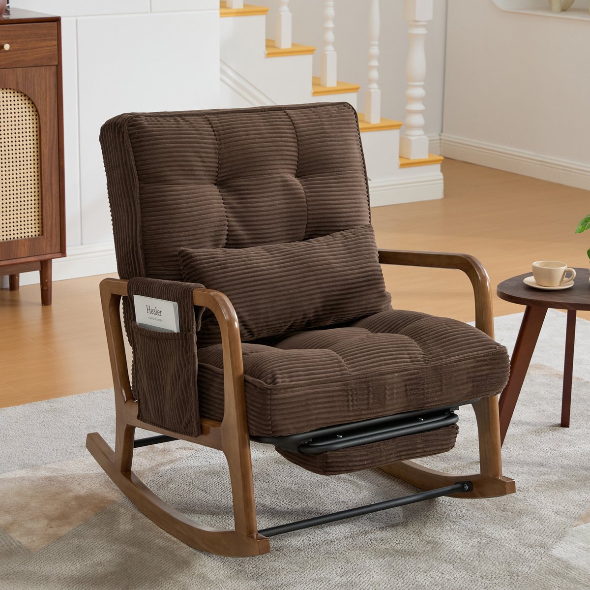 STILVORA Relaxfauteuil - Schommelstoel Met Voetsteun En Verstelbare Rugleuning - Met Zijvak En Lendenkussen Voor Ergonomisch Comfort - Woonkamer En Kinderkamer - Corduroy - Bruin
