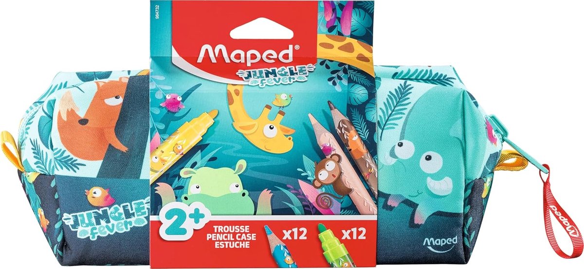 Thijox - Jungle Fever Stoffen Pennenetui - Etui voor Kinderen met 12 Jumbo Kleurpotloden en 12 Jumbo Viltstiften - Wasbaar Creatief Etui voor Peuters