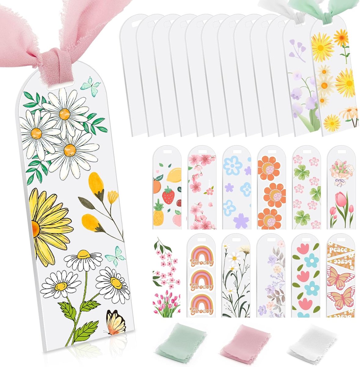Thijox - Acryl Bladwijzer Blanco 12 Stuks - Transparante Boekenleggers met Linten voor Handwerk - Doe-Het-Zelf Paginaclips voor Vrouwen - 15 x 5 cm