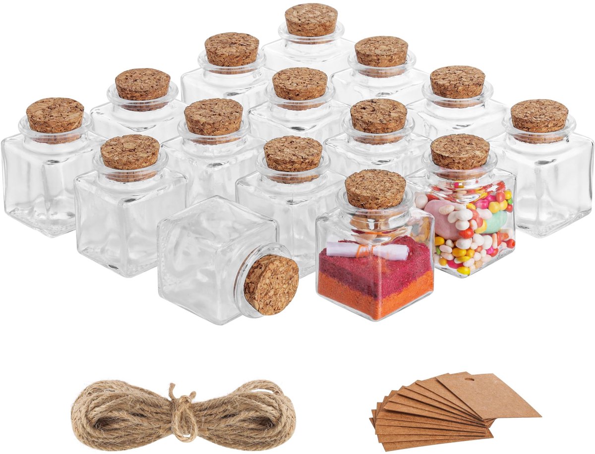Inovra - Mini Glazen Geschenk Potten Set - Perfect Voor Huwelijken - 15 Stuks - Luchtdicht - Met Labels En Touw - Voor Feesten