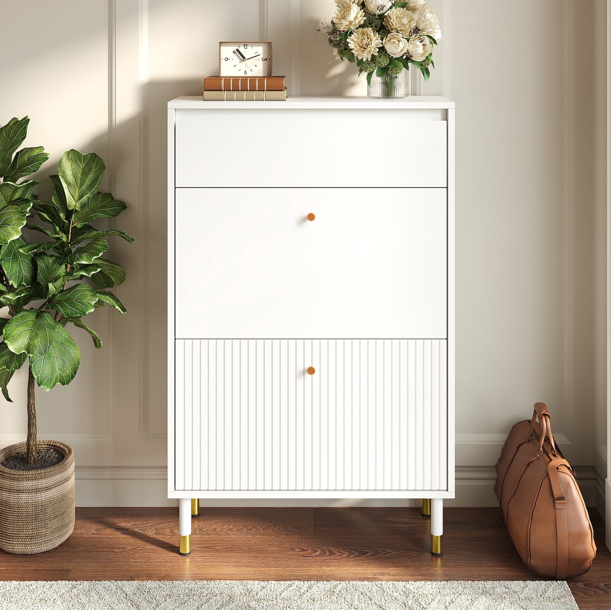 MIVRAY Schoenenkast - Smal Staand Ontwerp Met Lade En Dubbele Klepvakken - Voor Hal En Kleine Woning - MDF En Metaal - 65x24x104 Cm - Wit