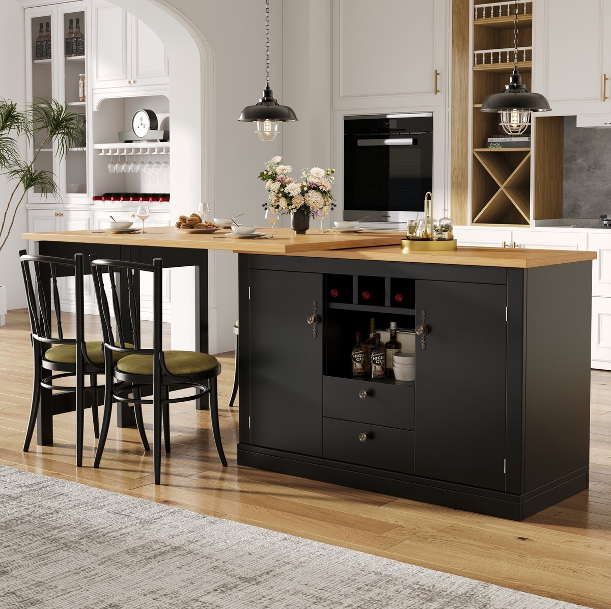 DESMIU Bartafel - Uitschuifbaar Met 360 Graden Draaifunctie En Opbergruimte - Voor Woonkamer Eetkamer En Thuiswerkplek - MDF - 120-180x40x76 Cm - Zwart
