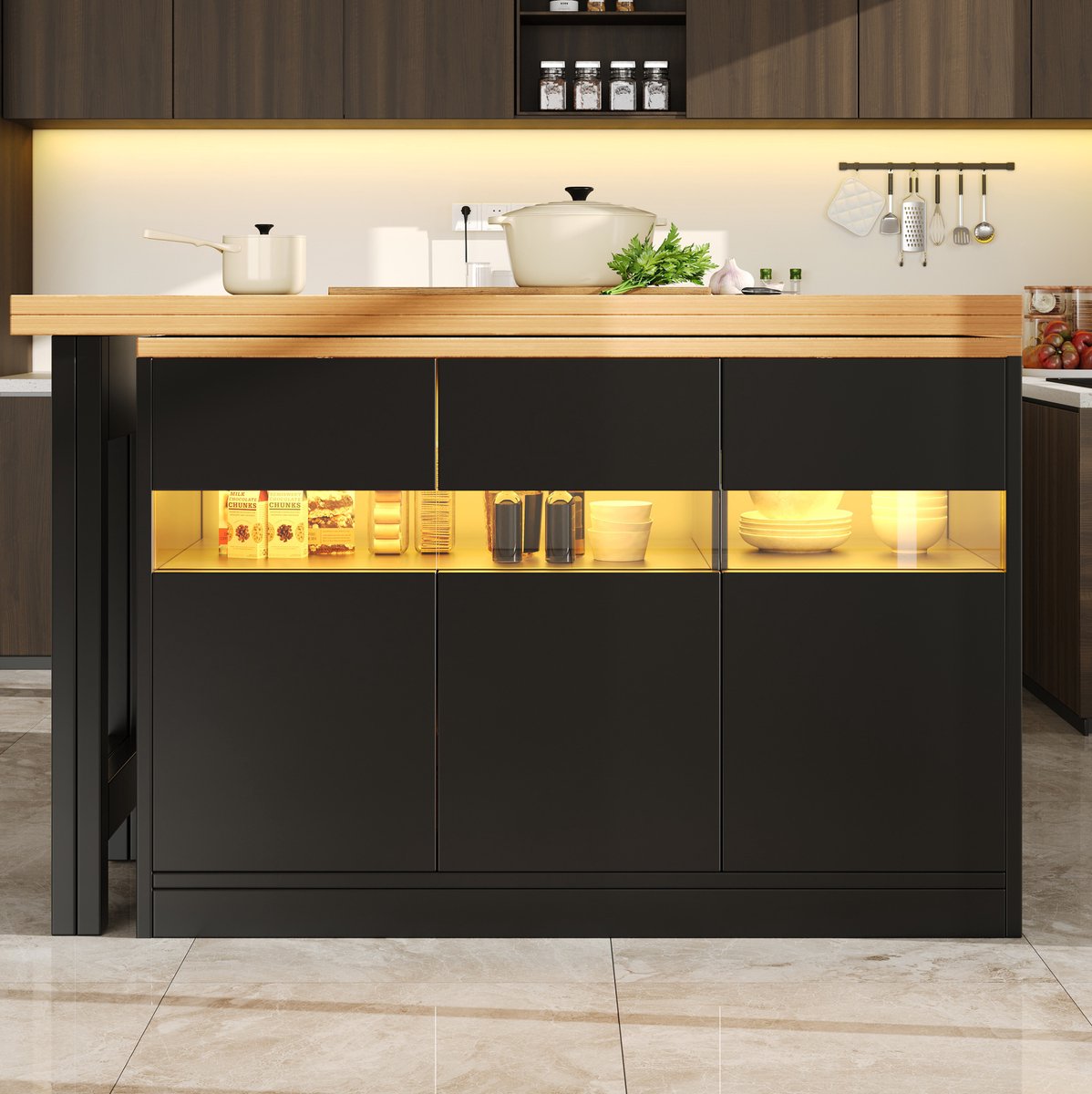 DESMIU Bartafel - Uitschuifbaar Met LED-Verlichting En 360 Graden Draaifunctie - Met Opbergruimte Voor Keuken En Eetkamer - MDF - 120-180x40x71,5 Cm - Zwart Naturel