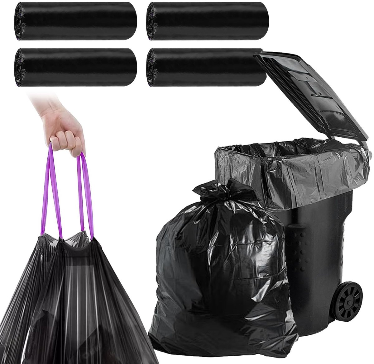 Inovra- Vuilniszakken 60 Stuks - Zware Belasting 100 L - Scheurbestendig - Praktisch Trekkoord - 77 x 100 cm - Zwarte Afvalzakken