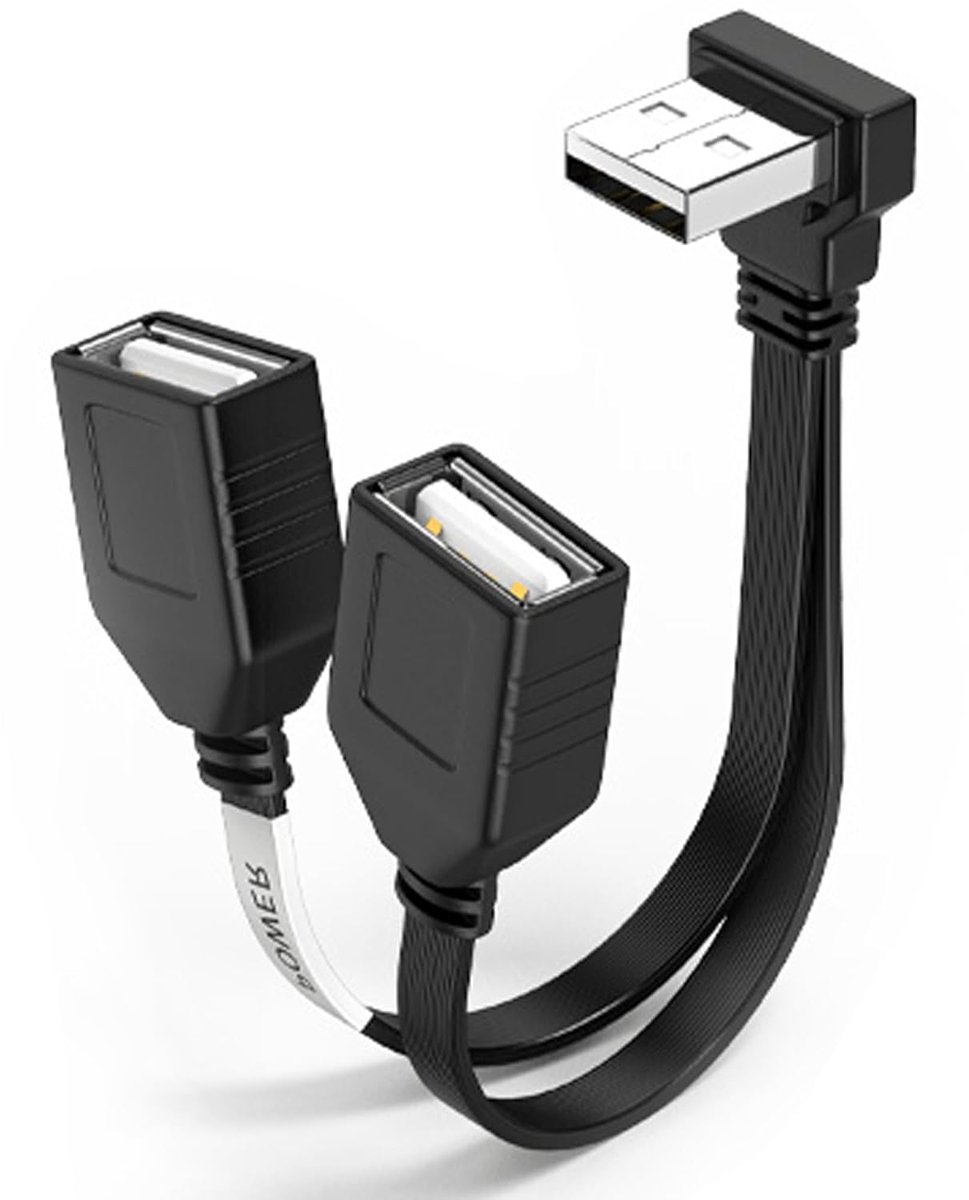 Thijox - USB-splitserkabel 1 in 2 Out, 90 graden USB 2.0 A-stekker naar Dubbel Stopcontact, Verlengkabel voor Opladen en Gegevensoverdracht, Hub Power