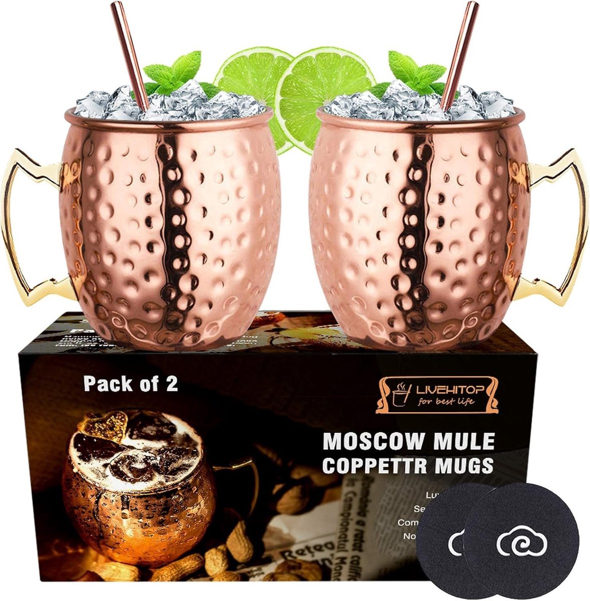 Set van 2 Koperen Moscow Mule Mokken van 18oz met Coasters voor Cocktails, Bier en Drankjes voor Thuis en Feestjes