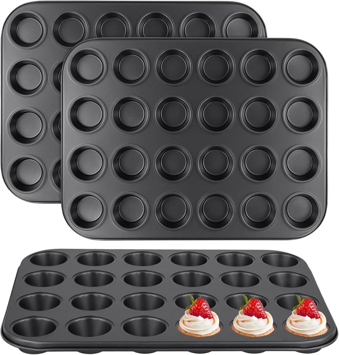 Set van 3 Mini Muffin Bakvormen, 24 Cups, Carbon Staal, Herbruikbare Antiaanbak Mallen voor Mini Taartjes en Cupcakes, 34 x 26 x 2.5 cm, Zwart