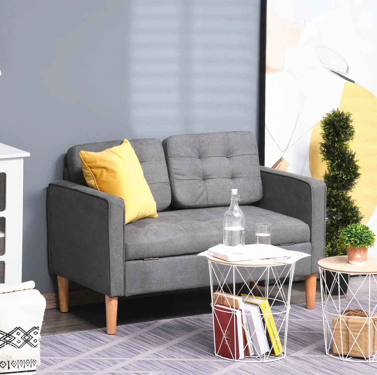 MEUNIQ 2-zitsbank 117 x 62 x 78 cm met opbergruimte onder zitting, knoopstiksel, verwijderbare kussens en rubberhouten poten voor woonkamer of thuiskantoor, grijs