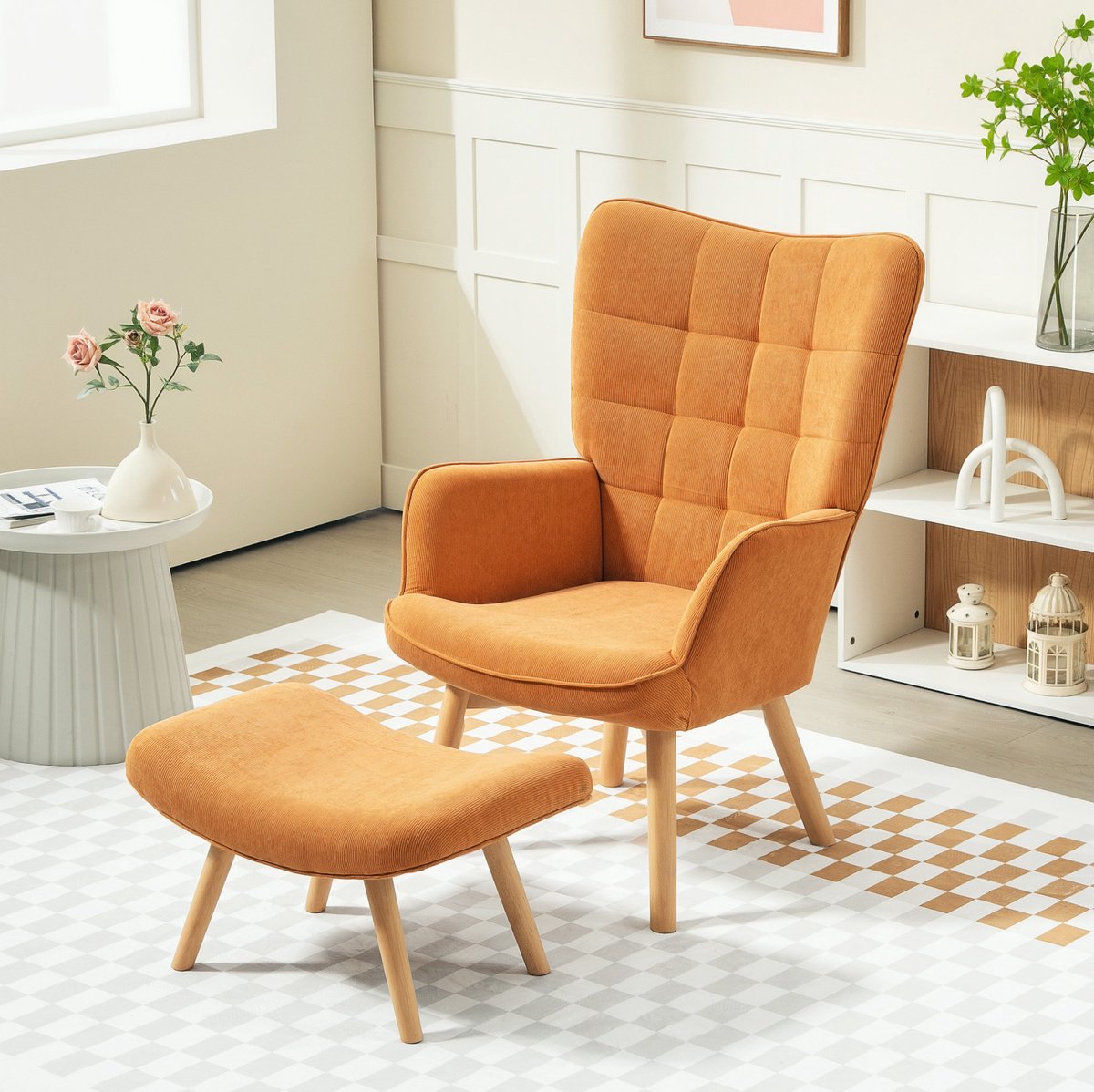 MEUNIQ fauteuil met hocker 72 x 80 x 101 cm, hoge rugleuning, armleuningen, getuft design, houten poten, gestoffeerde loungestoel voor woonkamer, bruin