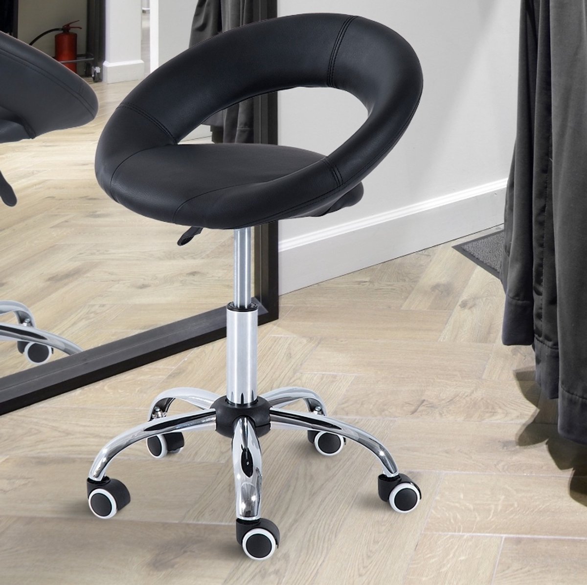 MEUNIQ bureaukruk hoogteverstelbaar 50 x 54 x 66-78 cm met wielen en 360 graden draaibaar, kunstleer en metaal, zwart, werkkruk voor salon en praktijk