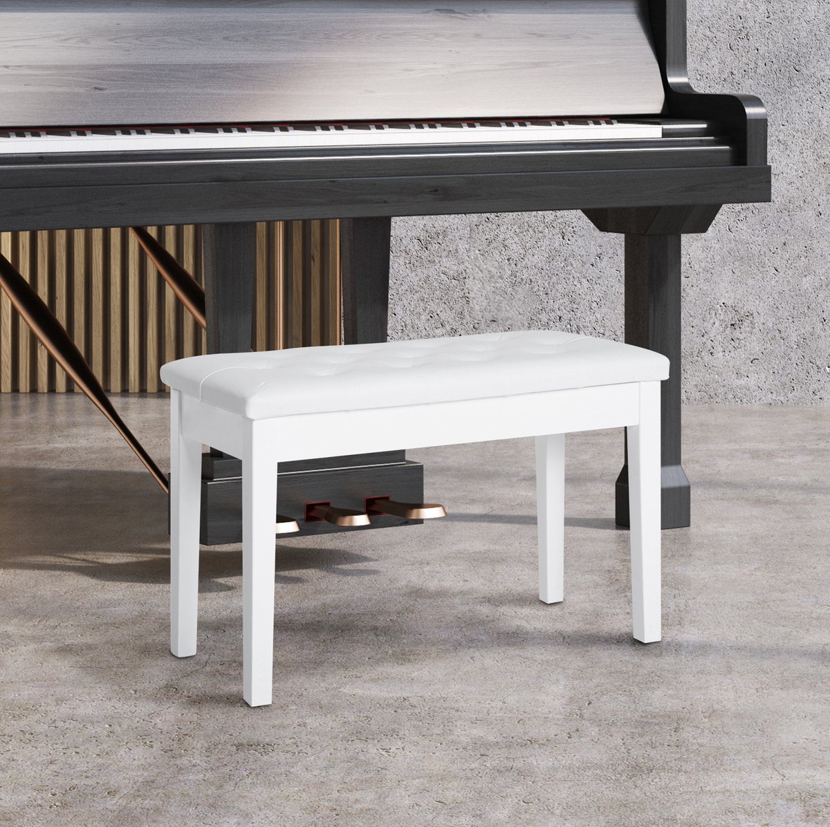 MEUNIQ klavierbank 76 x 36 x 50 cm met opbergruimte, houten pianobank in landelijke stijl met kunstleren zitting, wit, voor pianoles en duet