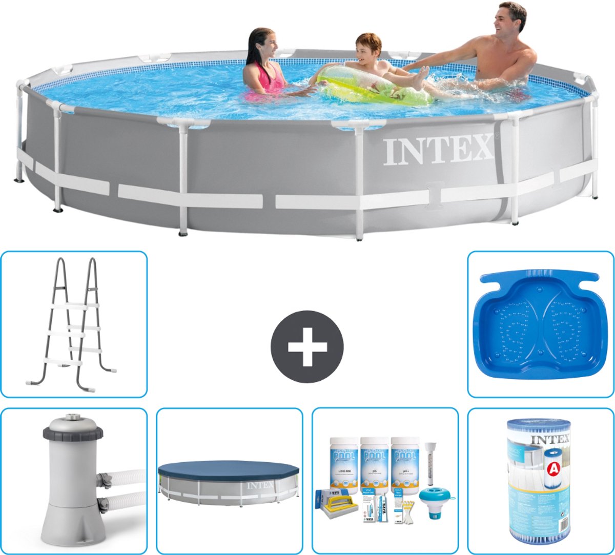 Intex Rond Prism Frame Zwembad - 366 x 76 cm - Grijs - Inclusief Pomp - Afdekzeil - Onderhoudspakket - Filter - Ladder - Voetenbad - 7-delig