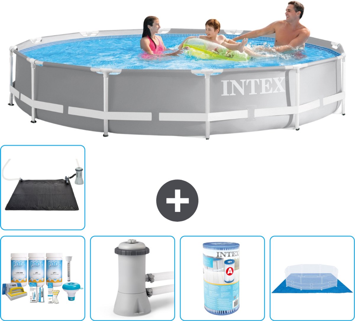 Intex Rond Prism Frame Zwembad - 366 x 76 cm - Grijs - Inclusief Onderhoudspakket - Zwembadfilterpomp - Filter - Grondzeil - Solar Mat - 6-delig