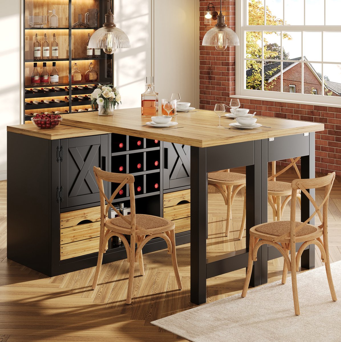 FloraGrace Eettafel - Uitschuifbaar Met 360 Graden Draaibaar Blad En Sideboard - Voor Keuken En Eetkamer - MDF - 120-197x40x72 Cm - Zwart
