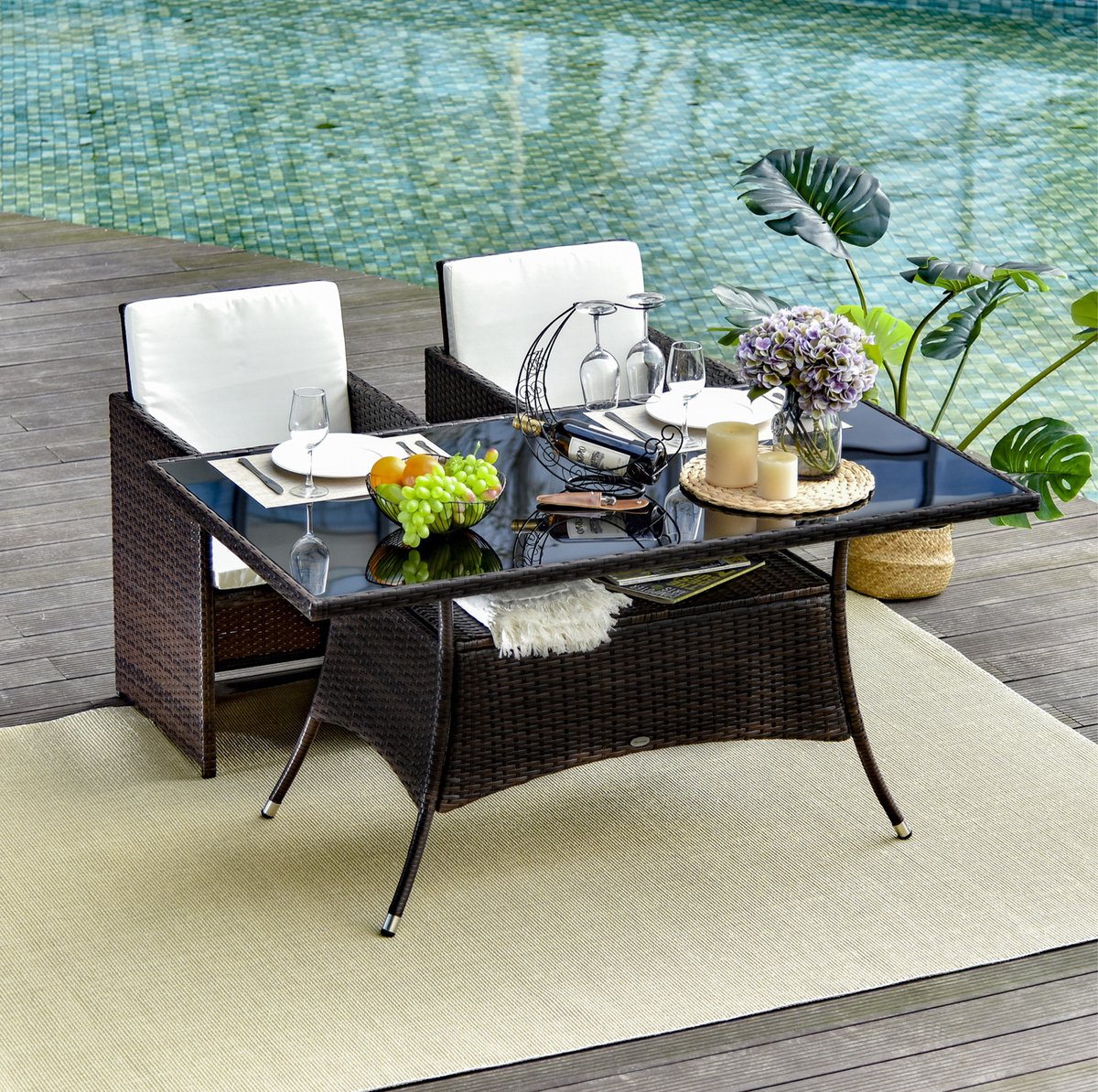 MEUNIQ tuintafel eettafel 150 x 85 x 74 cm met veiligheidsglas tafelblad, metalen frame en polyrattan look, rechthoekige tafel voor tuin of terras, bruin zwart