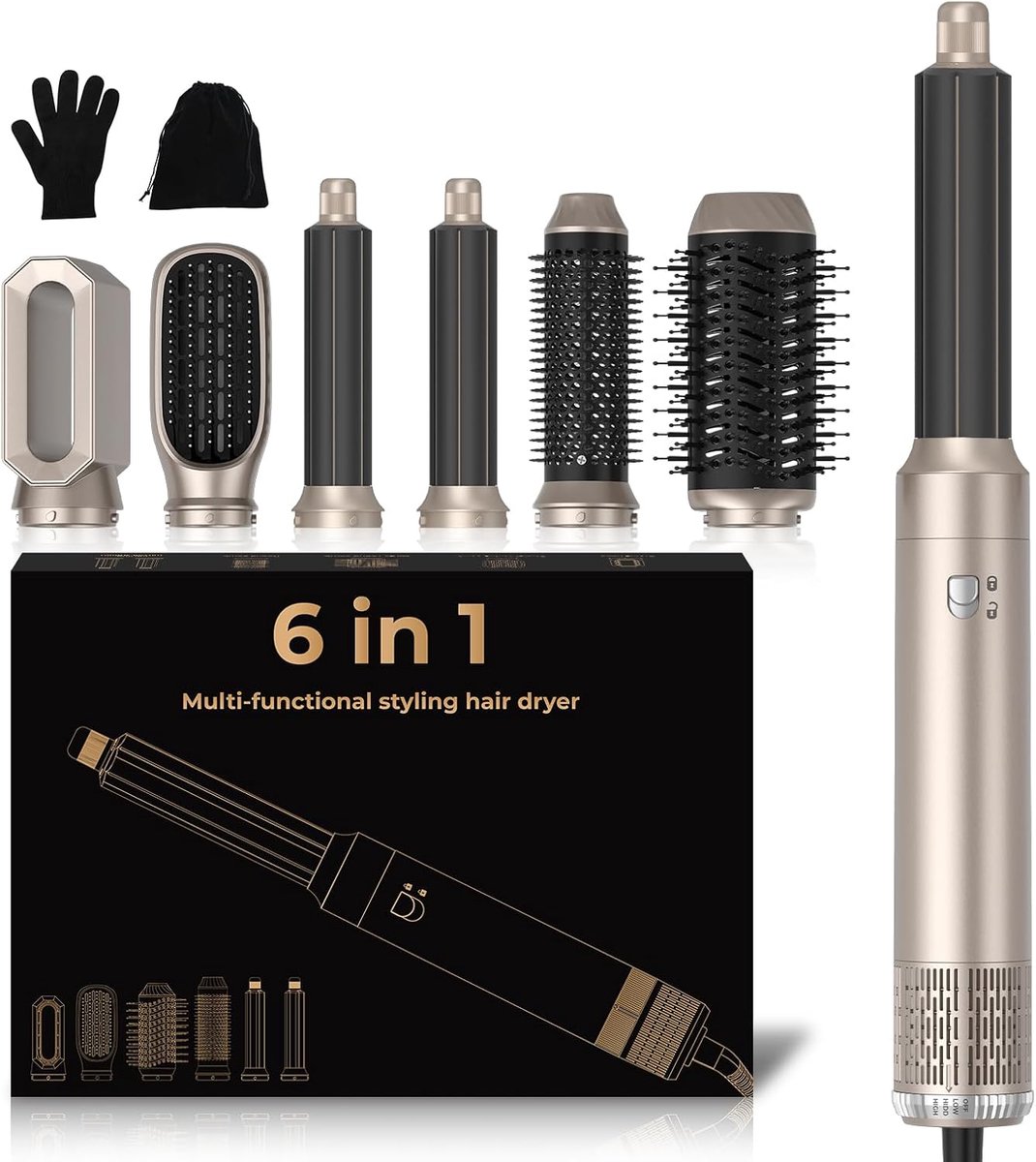 Thijox - Föhnborstel Hair Dryer Brush 6 in 1, 1000W Haardroger Multi Air Styler met 3 Temperatuurinstellingen voor Drogen, Krullen en Rechtmaken van H