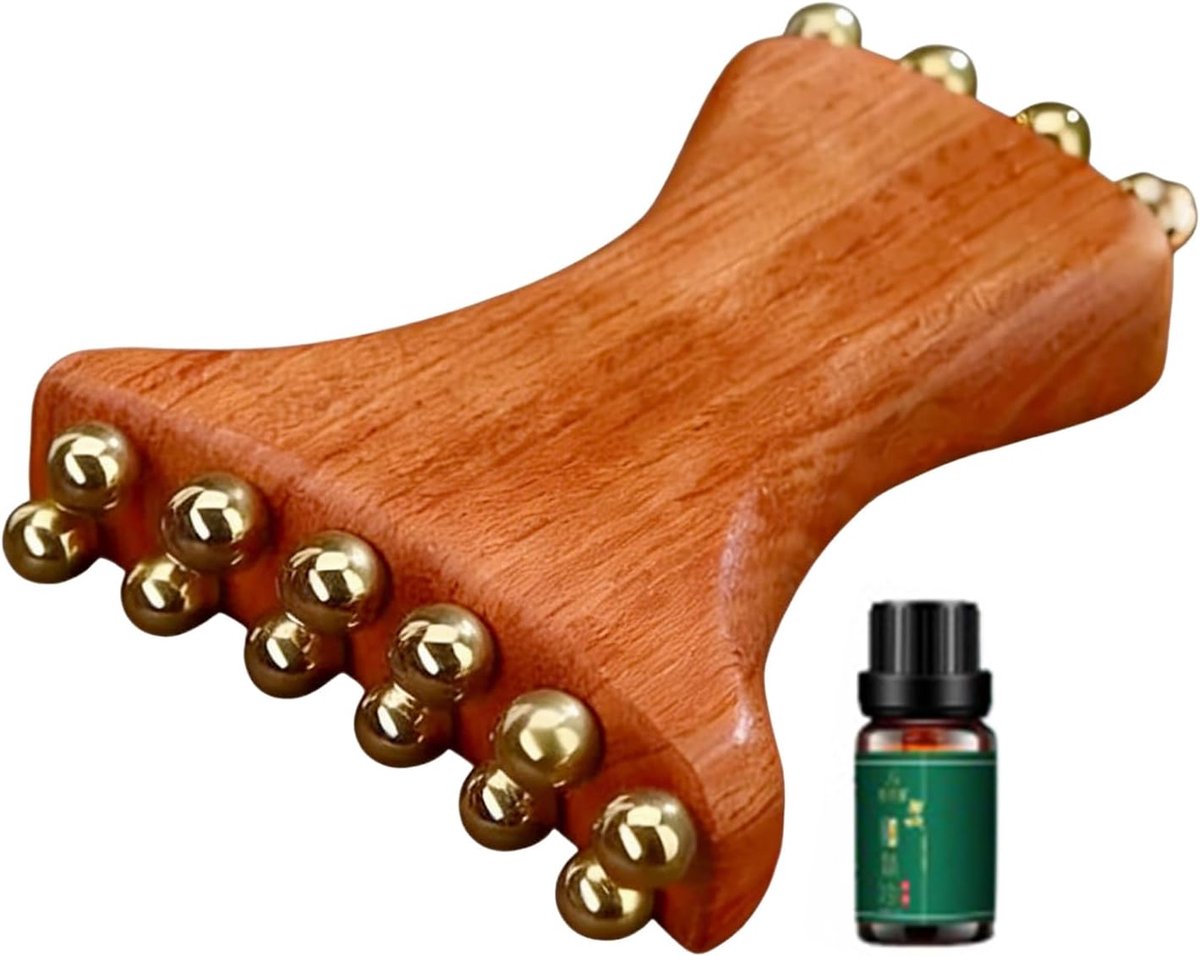 Thijox - Gezichts Gua Sha Tool van Koper en Hout, Gezichtsbeautytool met Houten Kralen, Ontspanning Massager voor Thuis, Werk en Reizen, Perfect Cadea