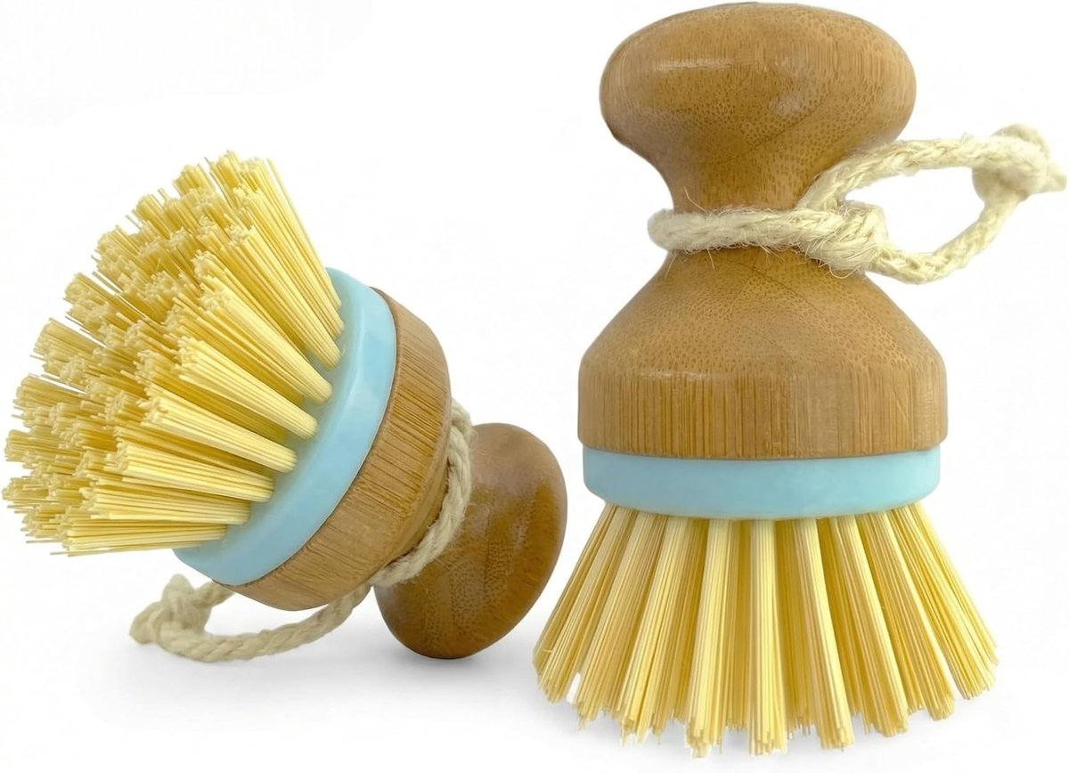 Thijox - Set van 2 duurzame afwasborstels van hout, ergonomische keukenborstel met stevige borstelharen en henneptouw voor servies, potten en pannen