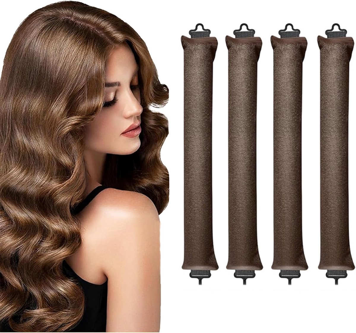 Thijox - Heatless Curls Krulspelden 4 Stuks - Dikke Hittevrije Krulrol voor Lang Haar - Geschikt voor Alle Haartypes - Bruin - Nachtkrullen met Haaksl