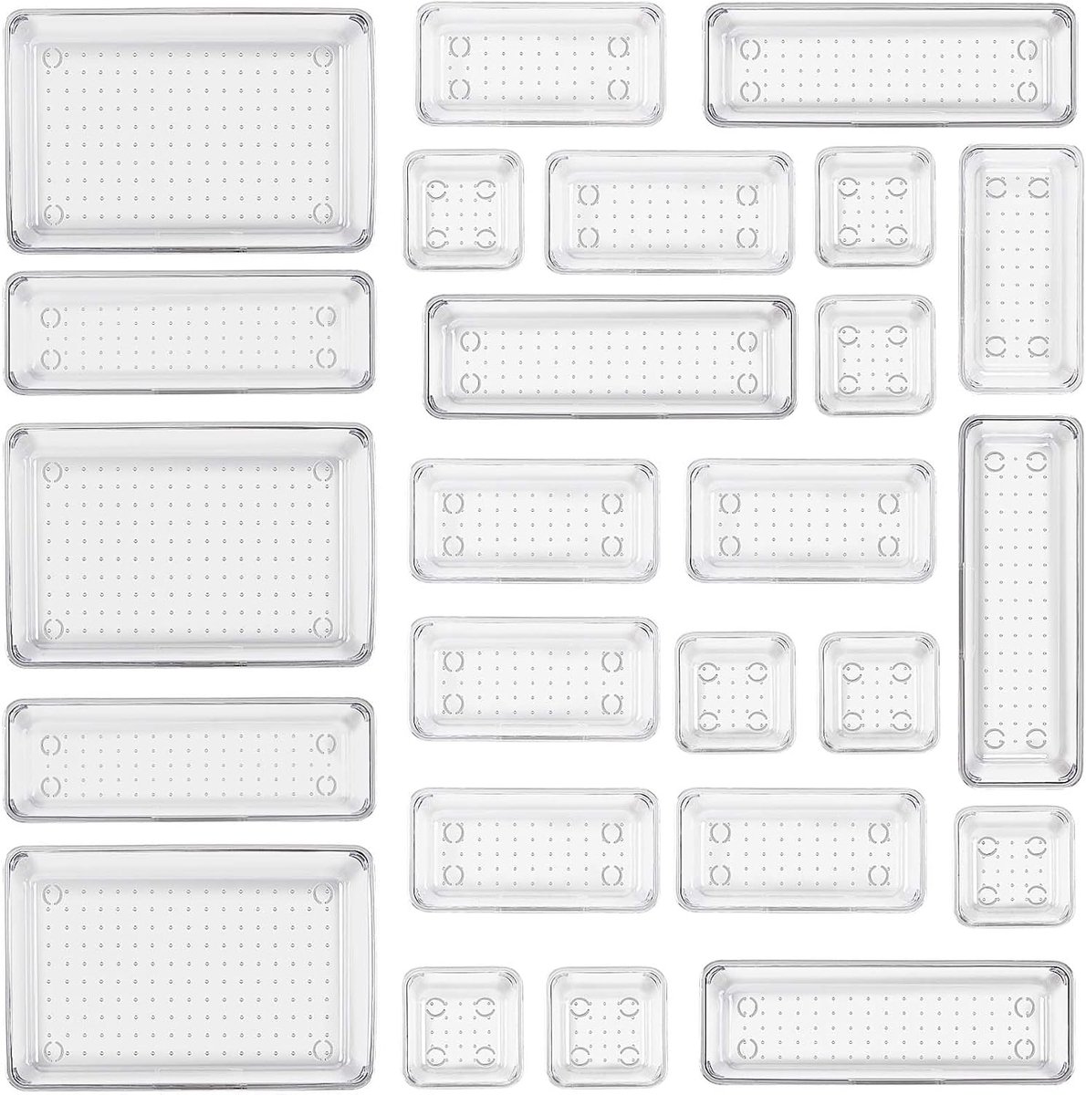 Thijox - 25 Stuks Transparant Lade-Organisatiesysteem - Plastic Opbergdozen in 4 Maten - Antislip Make-up Organizer voor Badkamer, Cosmetica, Dressoir