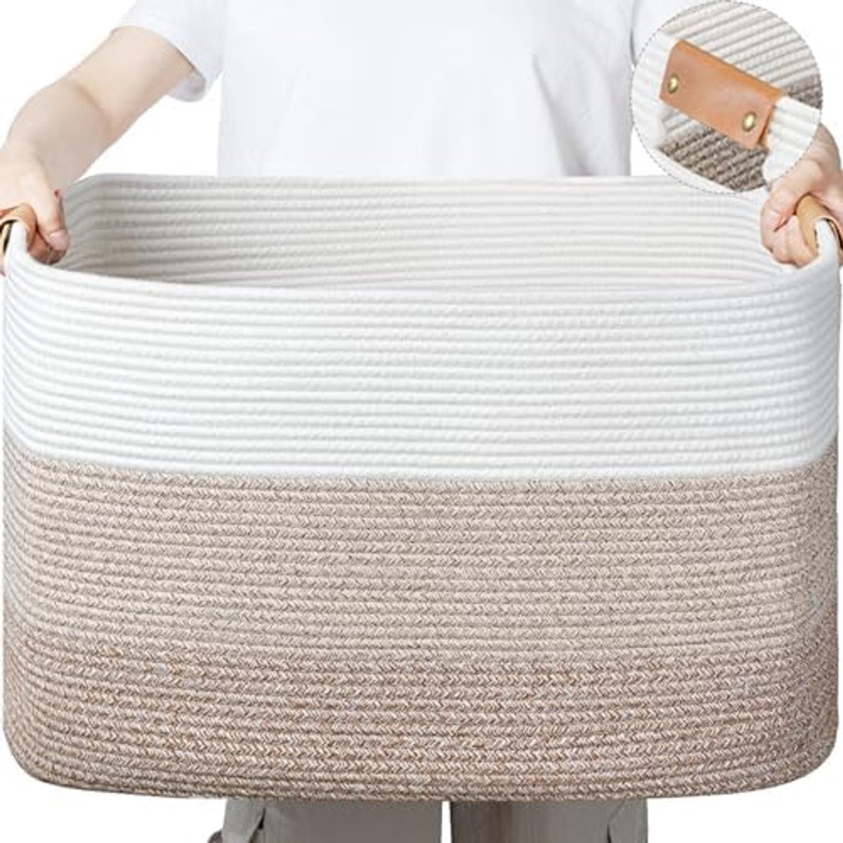 Thijox - Opbergmand 50 liter - Katoenen Mand voor Babyspeelgoed, Dekens, Kussens, Gastendoekjes - Wit en Bruin met Leren Handgrepen